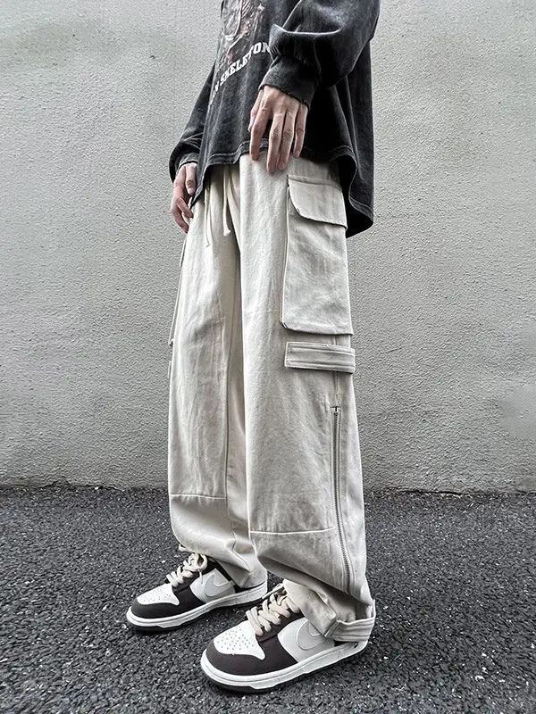 Men's White Wide Leg Cargo Pants with Black Sneakers - Image 2