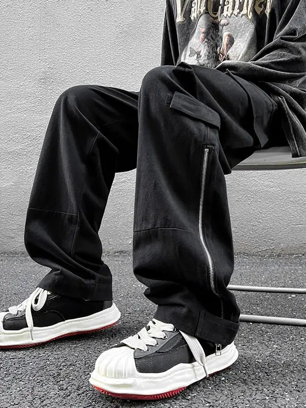 Men's White Wide Leg Cargo Pants with Black Sneakers - Image 4