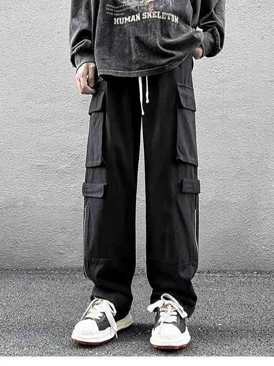 Men's White Wide Leg Cargo Pants with Black Sneakers - Image 6