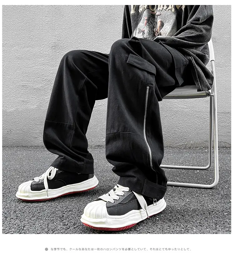 Men's White Wide Leg Cargo Pants with Black Sneakers — feature 9