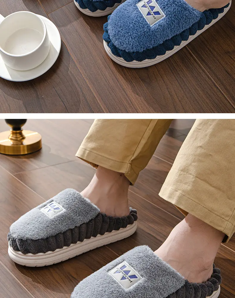Home cotton slippers men's plus size winter thick bottom indoor home fleece-lined warm non-slip cotton slippers factory wholesale — feature 14