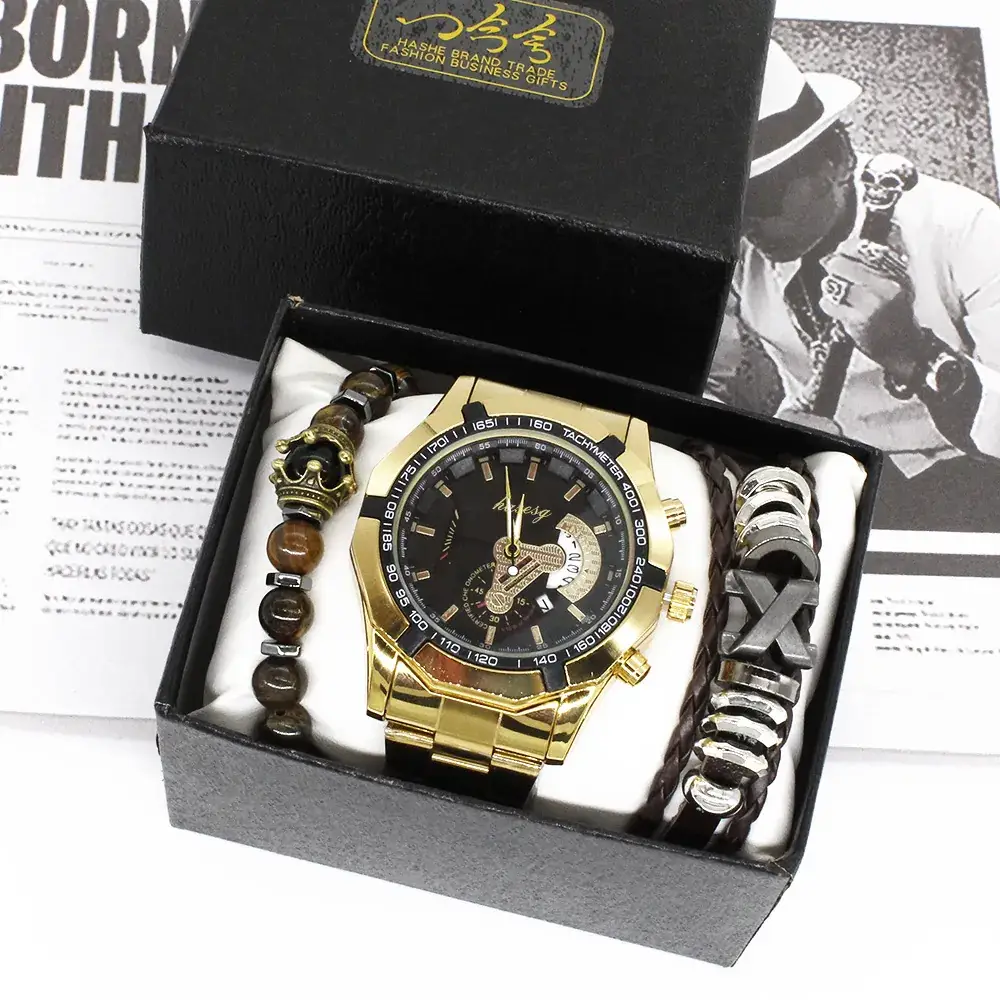 Men's Gold Moon Phase Watch Set with Bracelet