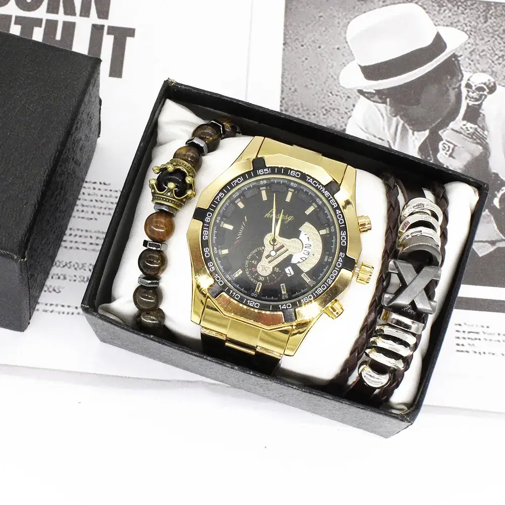 Men's Gold Moon Phase Watch Set with Bracelet