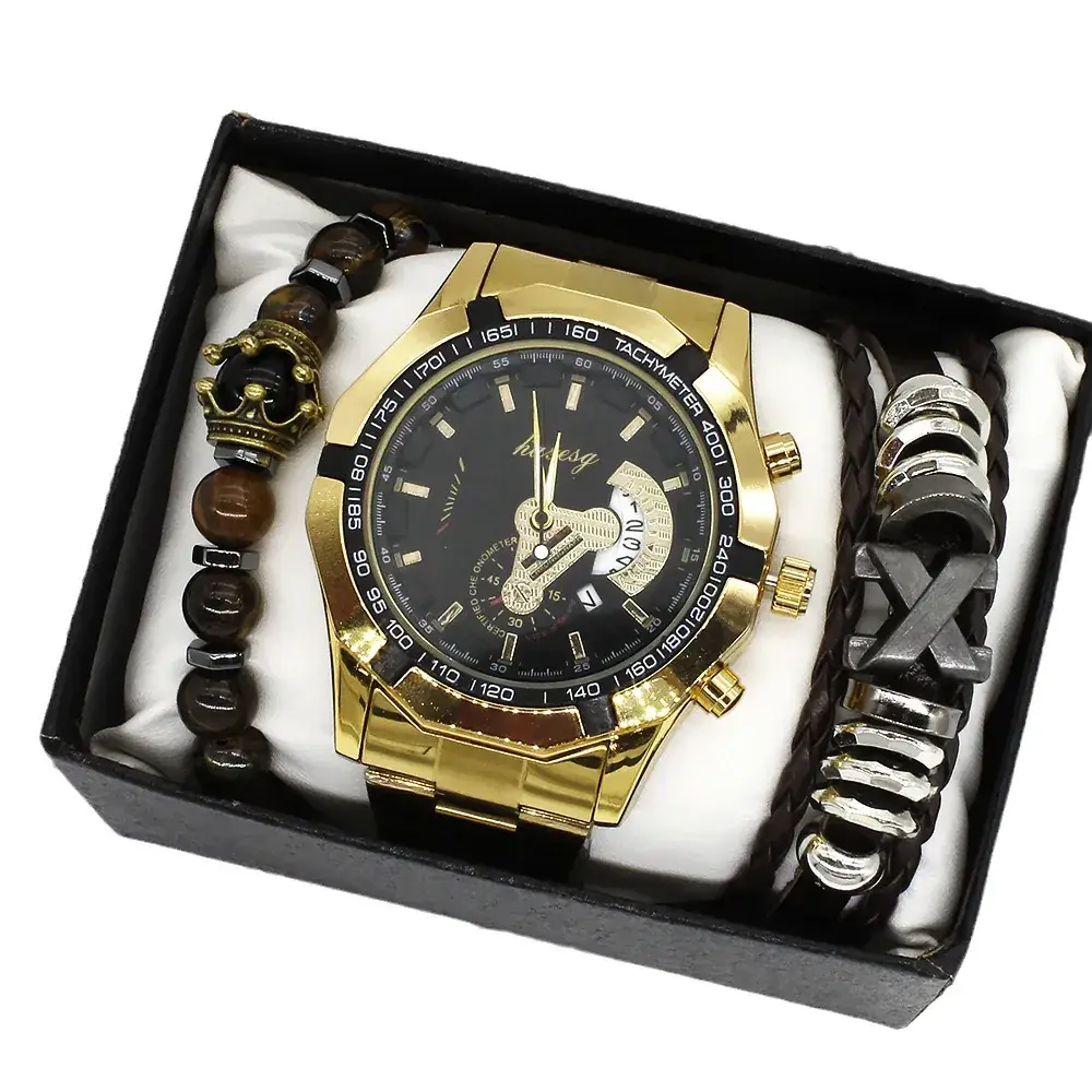 Men's Gold Moon Phase Watch Set with Bracelet
