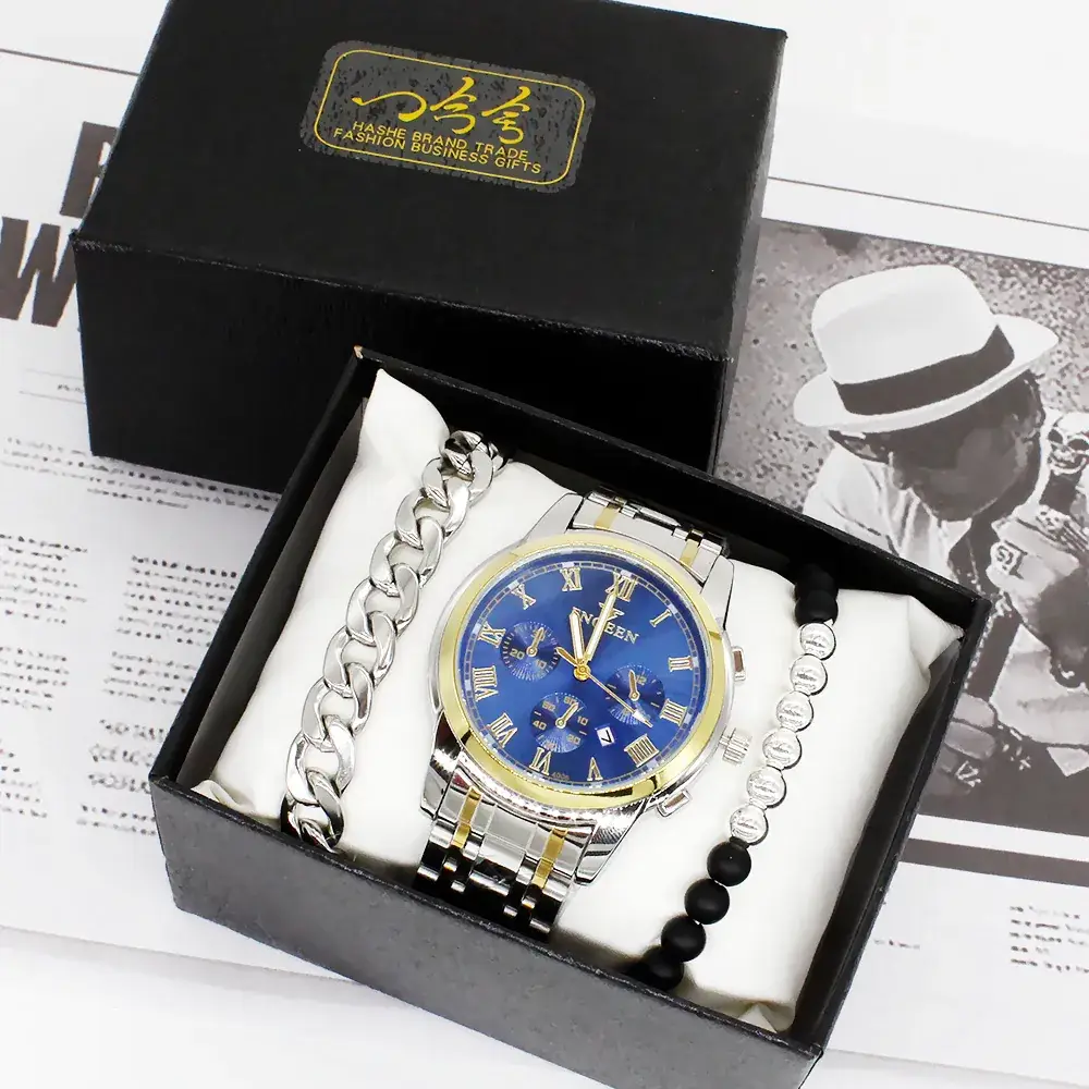 Men's Blue Quartz Watch Set with Bracelet - Image 3