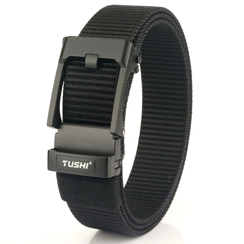 TUSHI Men's Black Nylon Toothless Belt with Silver Buckle
