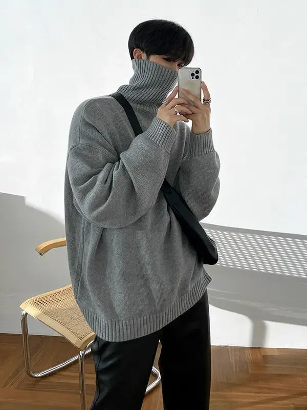 Men Winter Turtleneck Sweater Black Loose Fit - Image 2