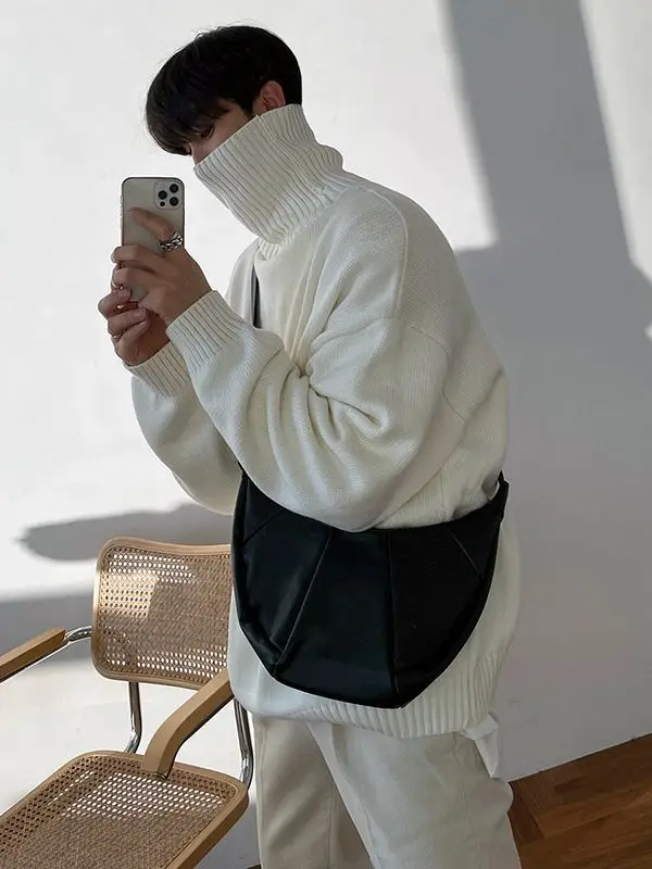 Men Winter Turtleneck Sweater Black Loose Fit - Image 4