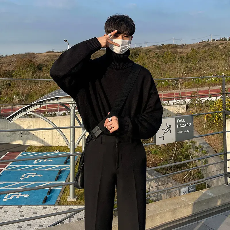 Men Winter Turtleneck Sweater Black Loose Fit — feature 5