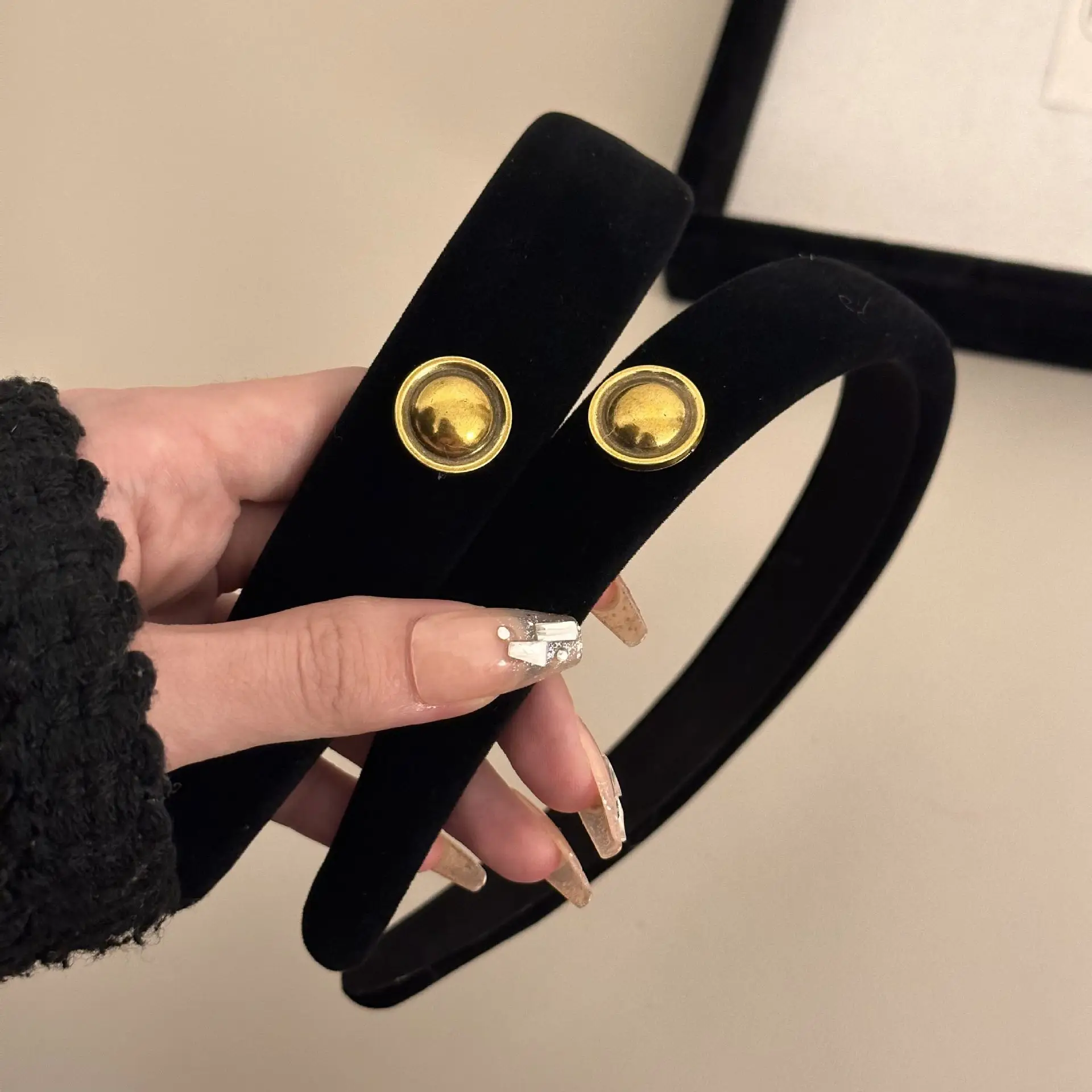 Black Velvet Skull Top Headband with Gold Button