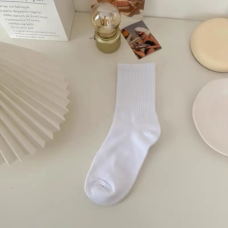 White Socks for Women, Spring and Autumn Mid-Calf Socks, Pure Cotton, Non-Pilling, High-Calf Socks, Sports Short Socks, Odor-Resistant, Black Men's Socks, Autumn
