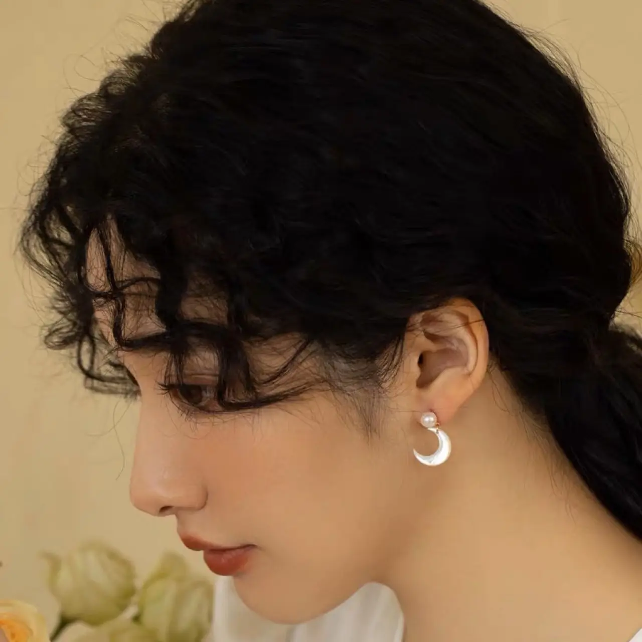 Natural White Pearl Moon Earrings 925 Silver - Image 2