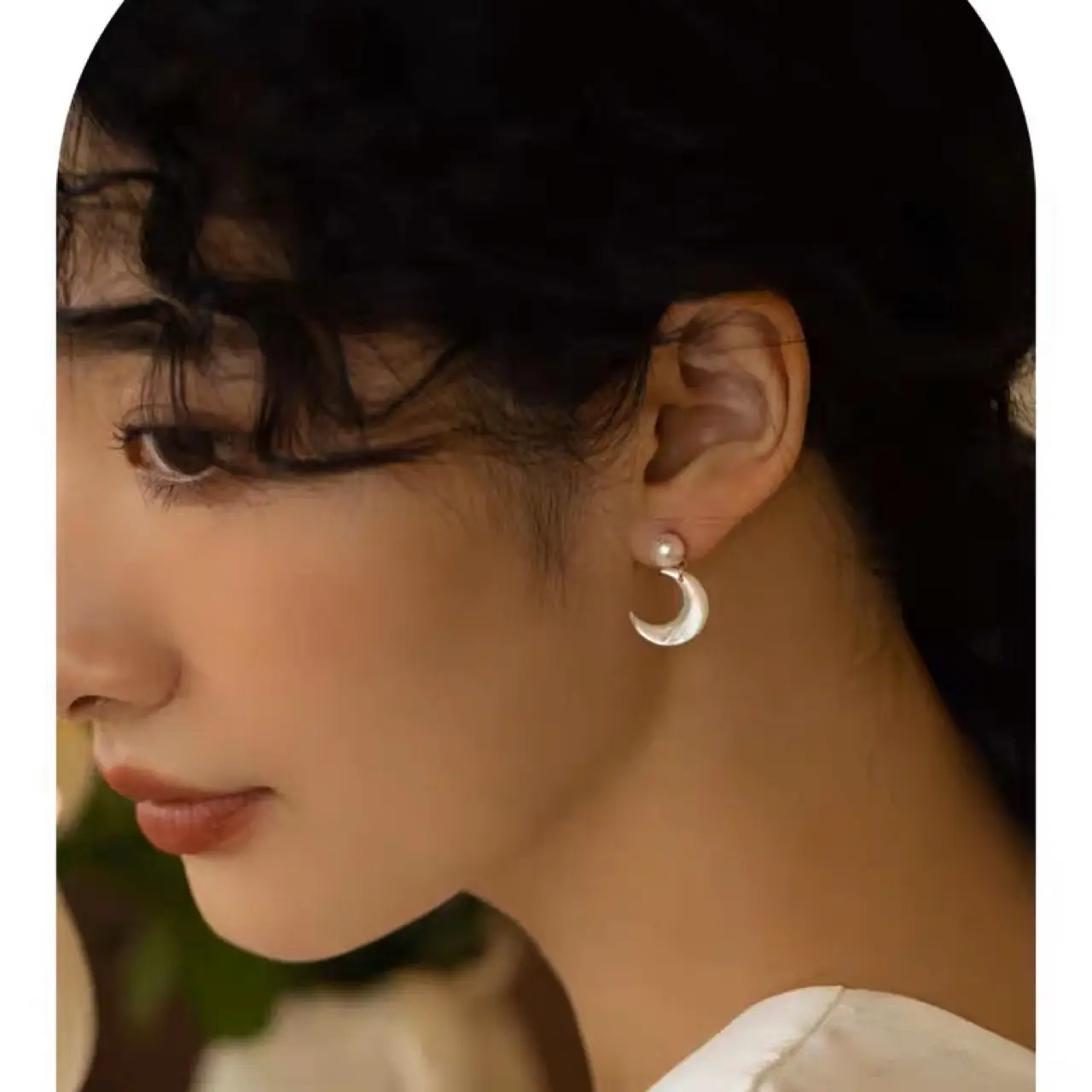Natural White Pearl Moon Earrings 925 Silver - Image 3