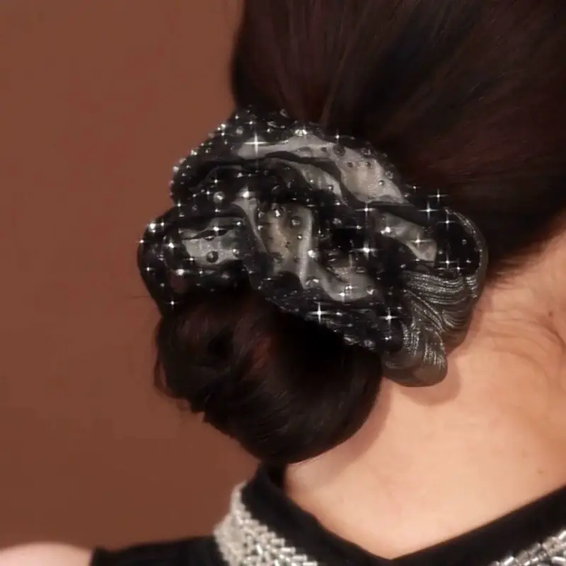 Full Diamond Hair Band Star inlaid French Double-layer Organza Sweet Temperament Headdress Flower Hair Tie Rope - Image 3