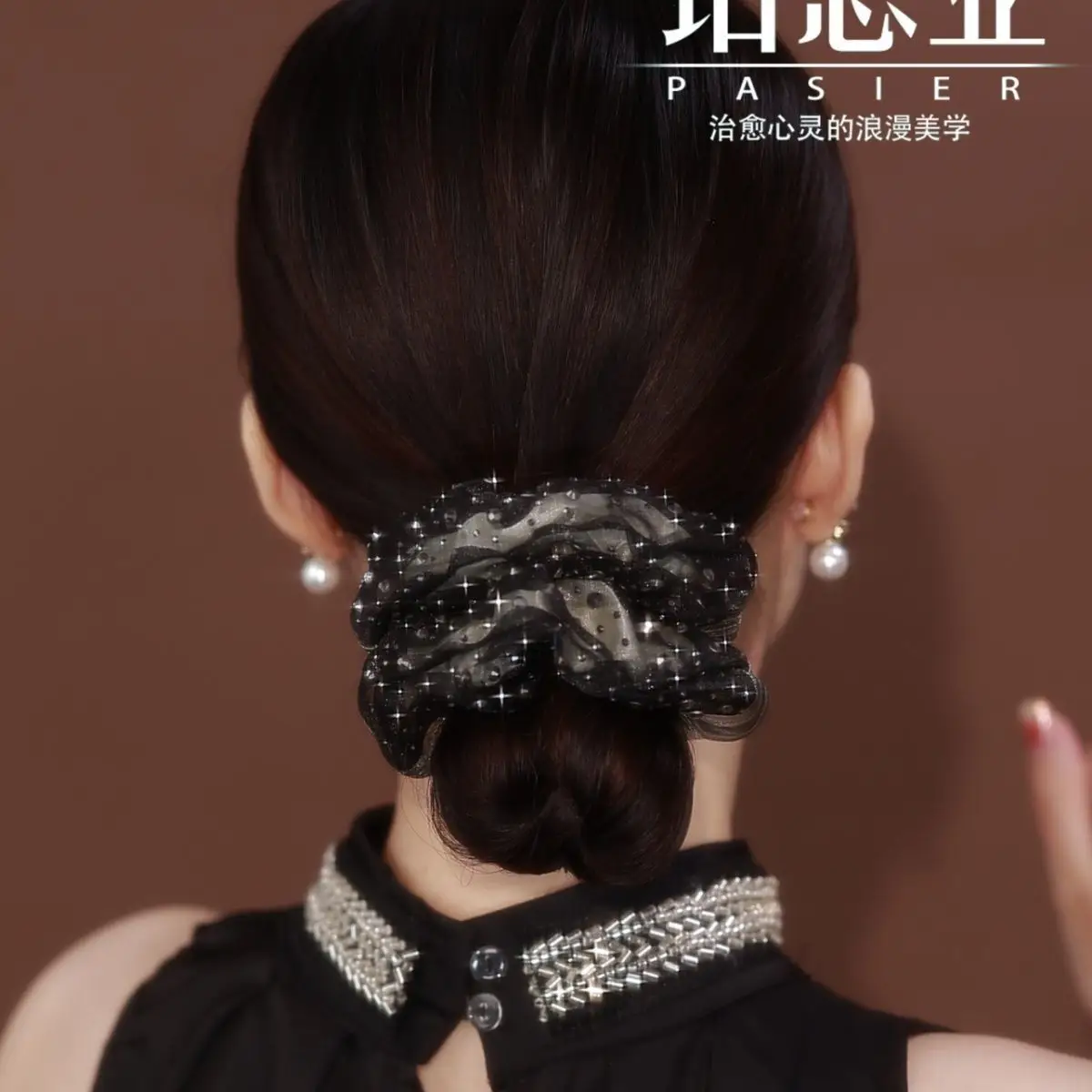 Full Diamond Hair Band Star inlaid French Double-layer Organza Sweet Temperament Headdress Flower Hair Tie Rope — feature 4