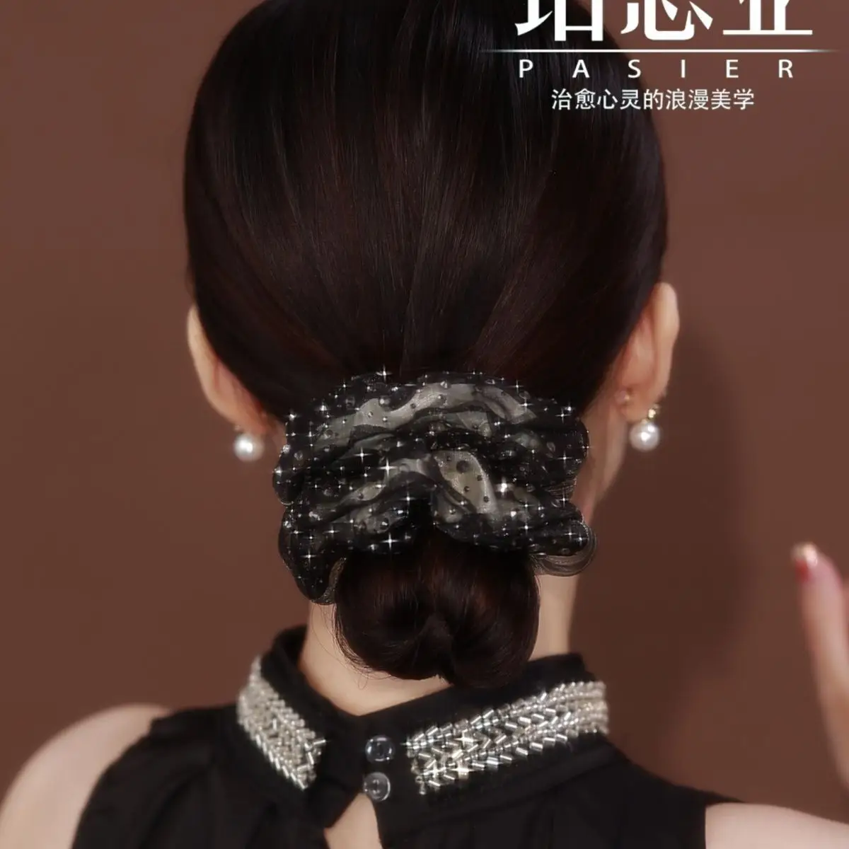 Full Diamond Hair Band Star inlaid French Double-layer Organza Sweet Temperament Headdress Flower Hair Tie Rope — feature 6