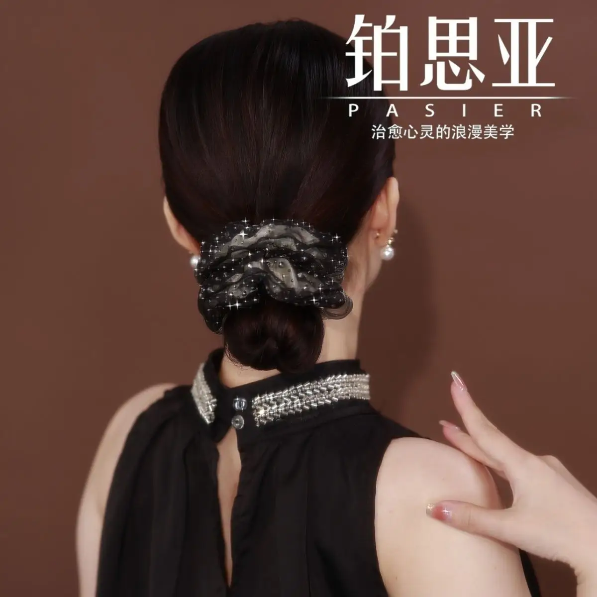 Full Diamond Hair Band Star inlaid French Double-layer Organza Sweet Temperament Headdress Flower Hair Tie Rope — feature 7