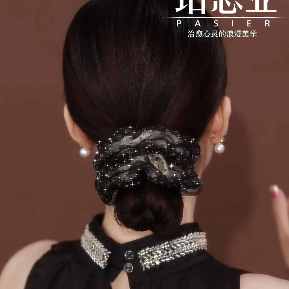 Full Diamond Hair Band Star inlaid French Double-layer Organza Sweet Temperament Headdress Flower Hair Tie Rope — feature 8