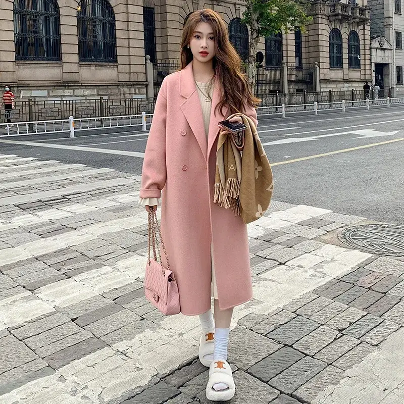 Women Woolen Coat Black Long Sleeve Mid-Length Korean Style - Image 9