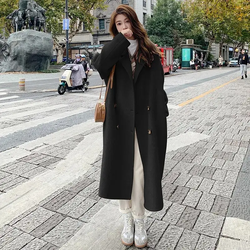 Women Woolen Coat Black Long Sleeve Mid-Length Korean Style - Image 10