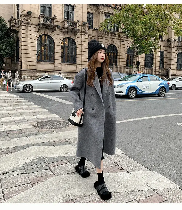 Women Woolen Coat Black Long Sleeve Mid-Length Korean Style — feature 20