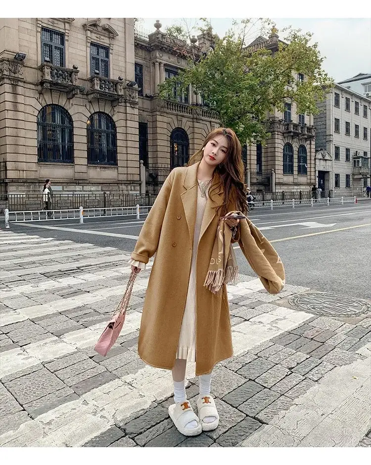 Women Woolen Coat Black Long Sleeve Mid-Length Korean Style — feature 24