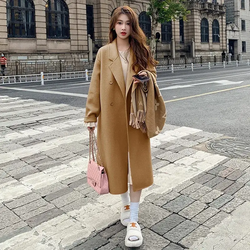 Women Woolen Coat Black Long Sleeve Mid-Length Korean Style - Image 5