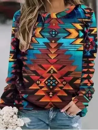 2023 European and American Foreign trade new women's clothing retro Western ethnic geometric digital printing women's sweater 7007 - Image 3