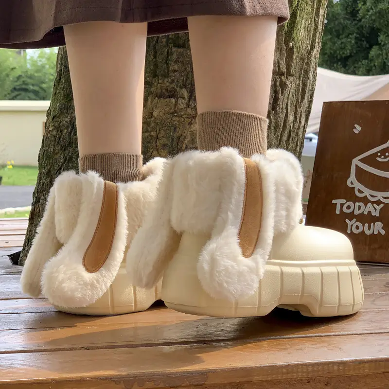 Cute rabbit ears removable and washable cotton-padded shoes women's autumn and winter fleece-lined warm waterproof windproof all-inclusive heel confinement shoes overshoes - Image 5