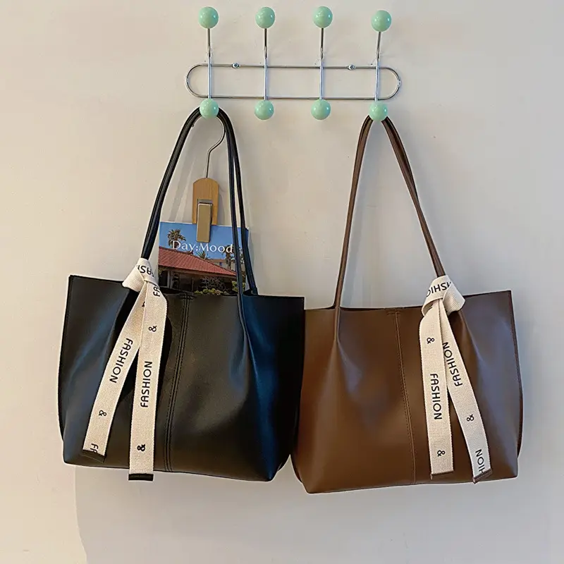 2023 Vintage Women's Large PU Shoulder Bag Brown Black - Image 3