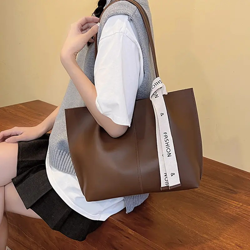 2023 Vintage Women's Large PU Shoulder Bag Brown Black - Image 5