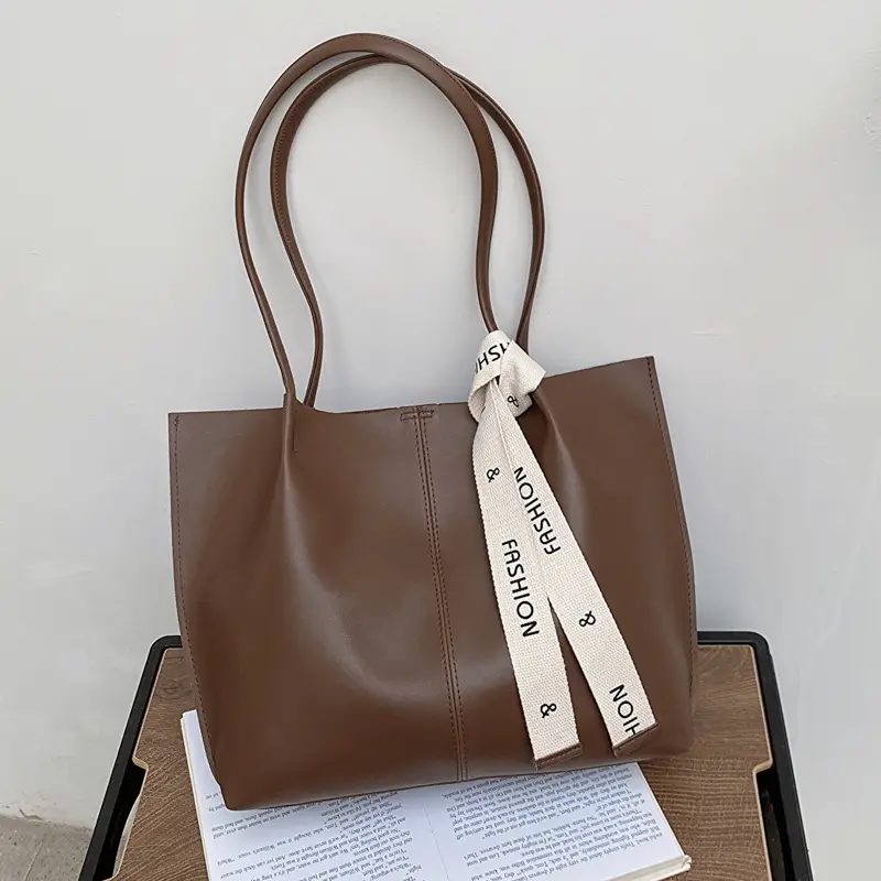 2023 Vintage Women's Large PU Shoulder Bag Brown Black - Image 2