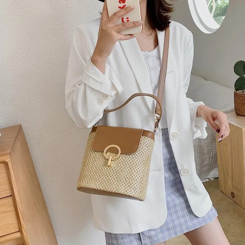 Women's 2023 Straw Bag with Buckle & Shoulder Crossbody