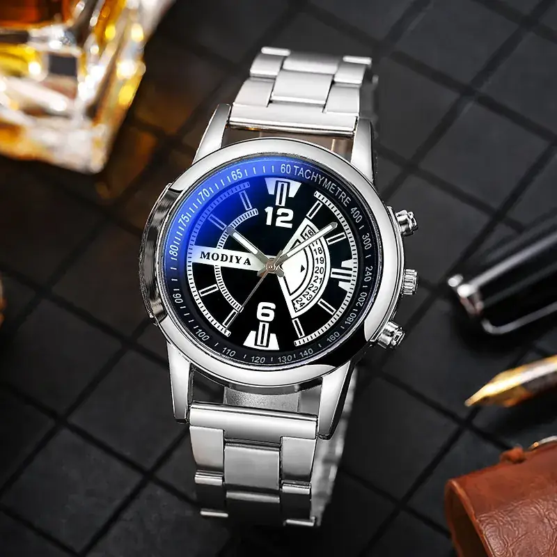 Men's Digital Blue Light Watch with Stainless Steel Band