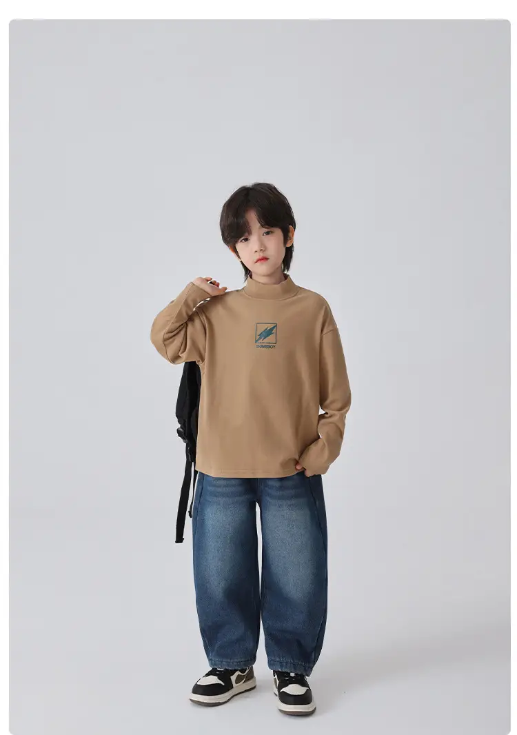 Haima Boys Winter Half-Turtleneck T-Shirt Brown Beige Grey — feature 11