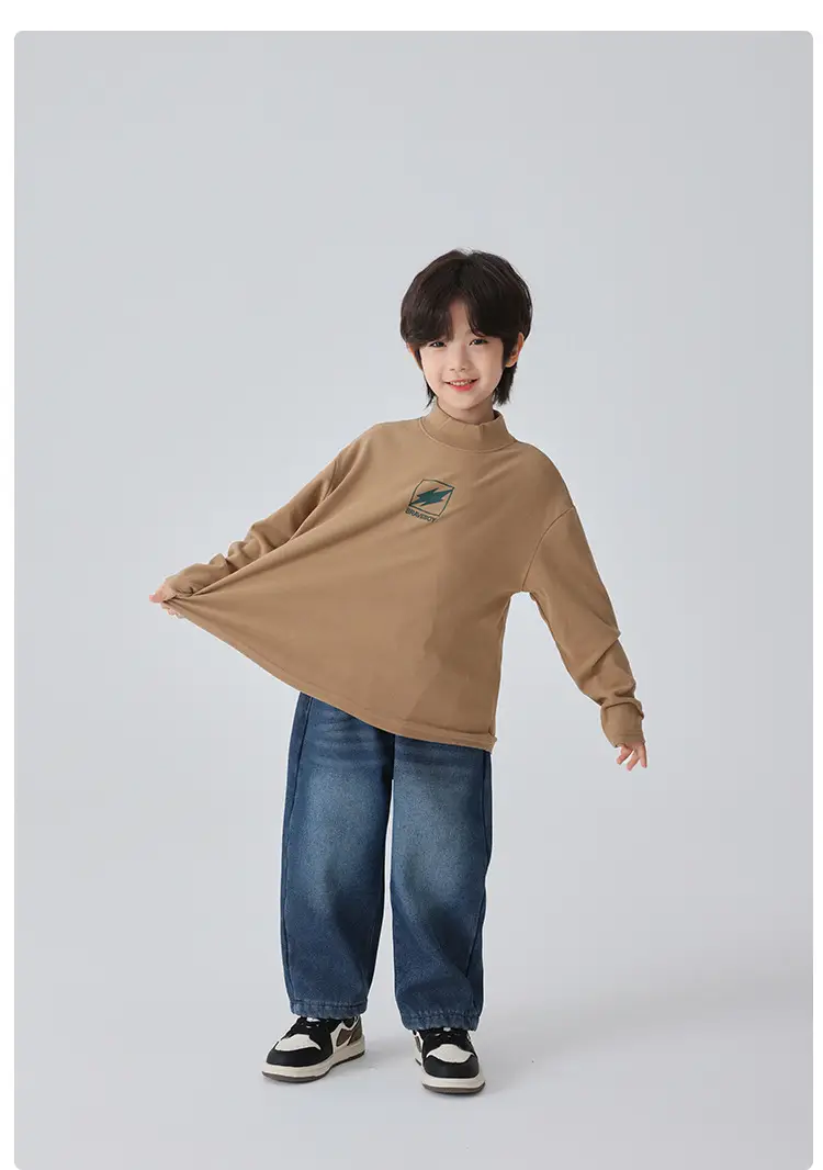 Haima Boys Winter Half-Turtleneck T-Shirt Brown Beige Grey — feature 13
