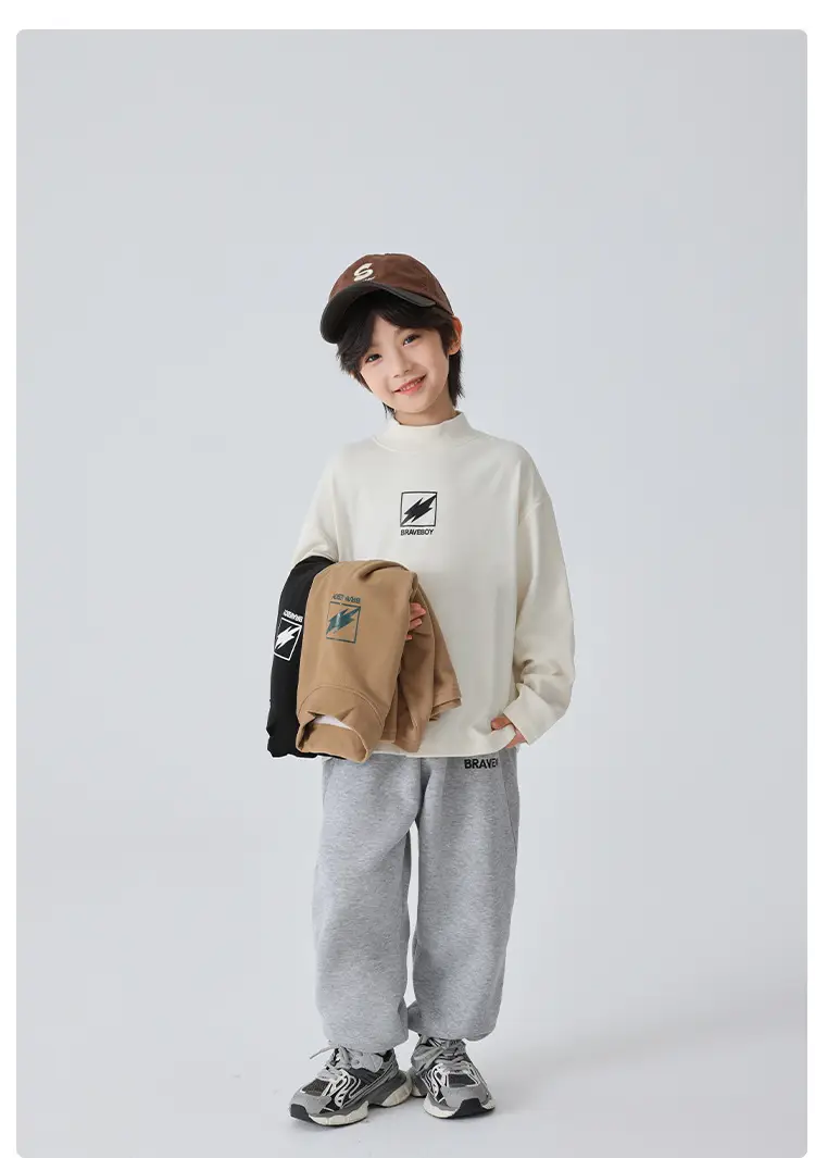 Haima Boys Winter Half-Turtleneck T-Shirt Brown Beige Grey — feature 9