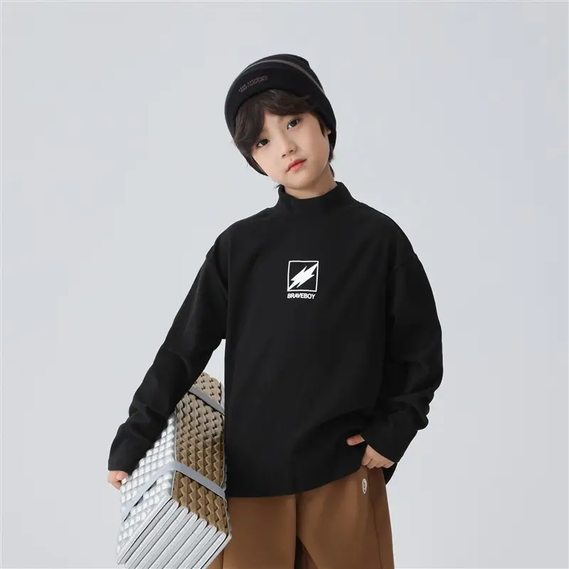 Haima Boys Winter Half-Turtleneck T-Shirt Brown Beige Grey