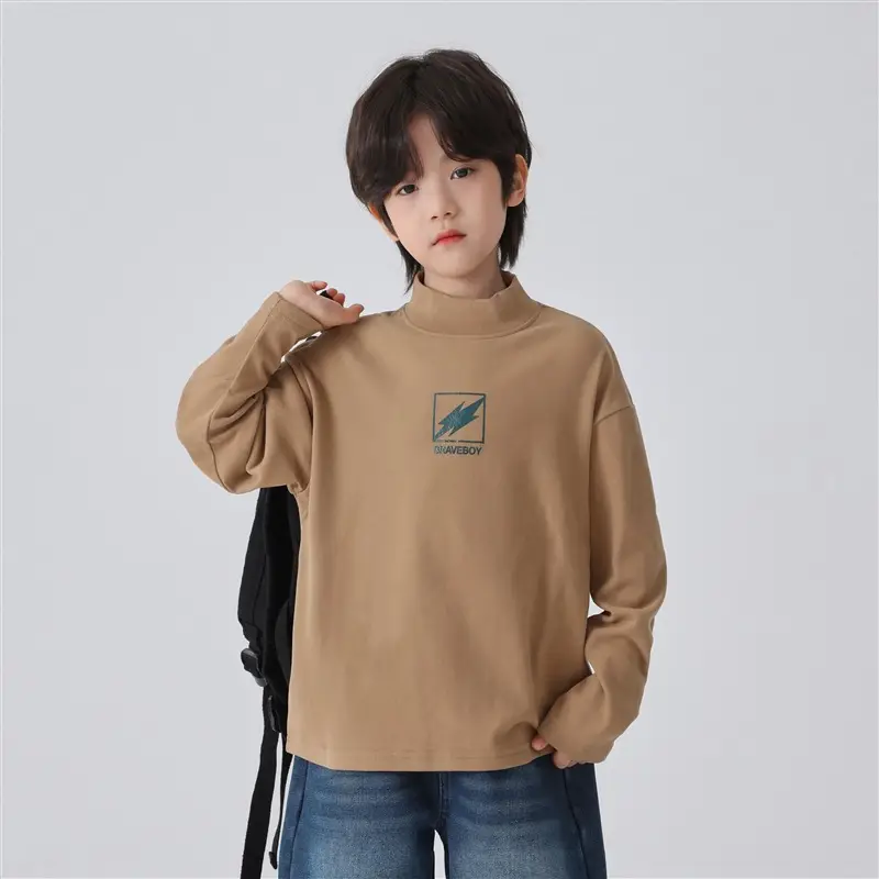 Haima Boys Winter Half-Turtleneck T-Shirt Brown Beige Grey