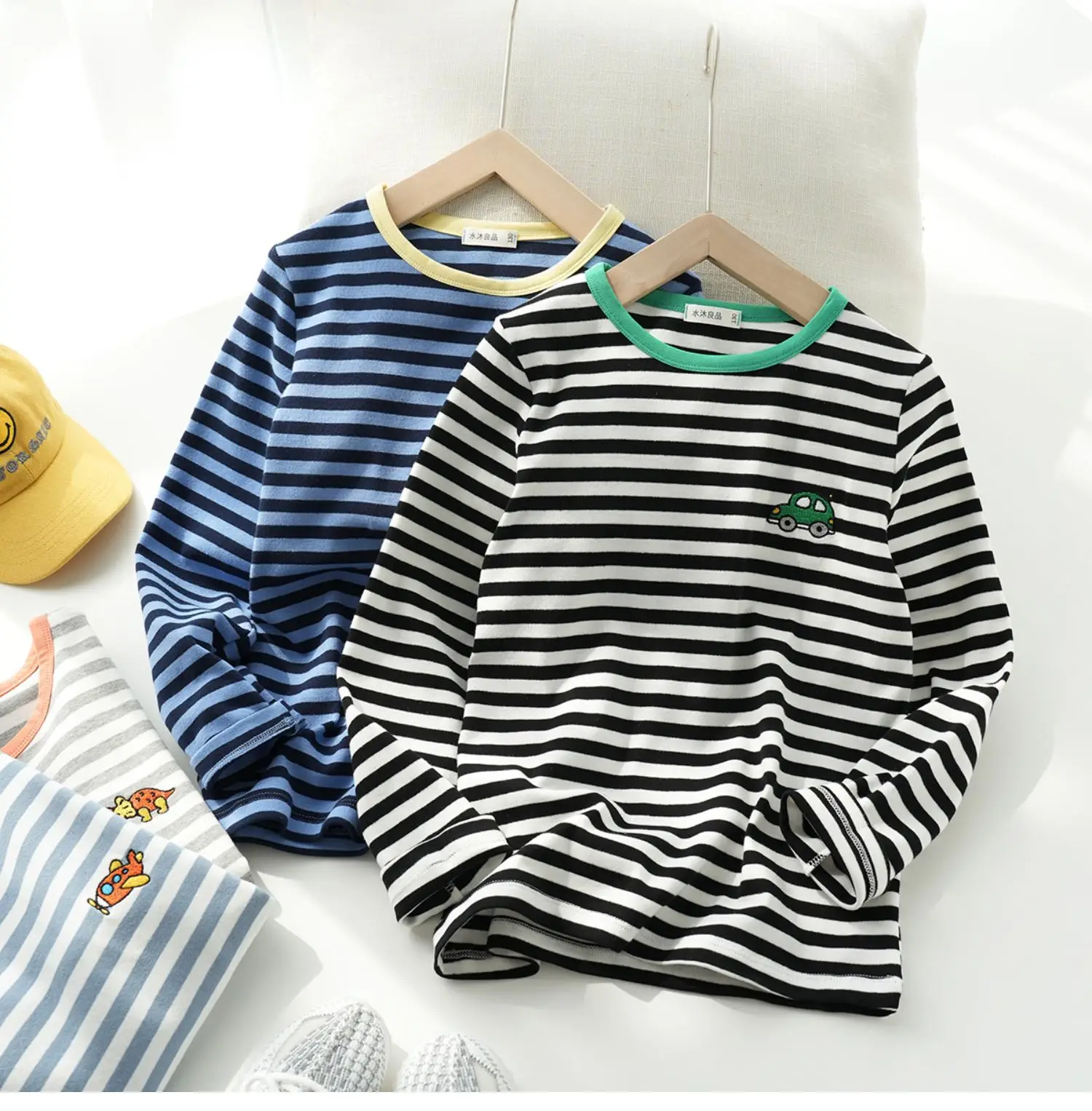 Children Cotton Striped Long Sleeve T-Shirt Blue White — feature 2