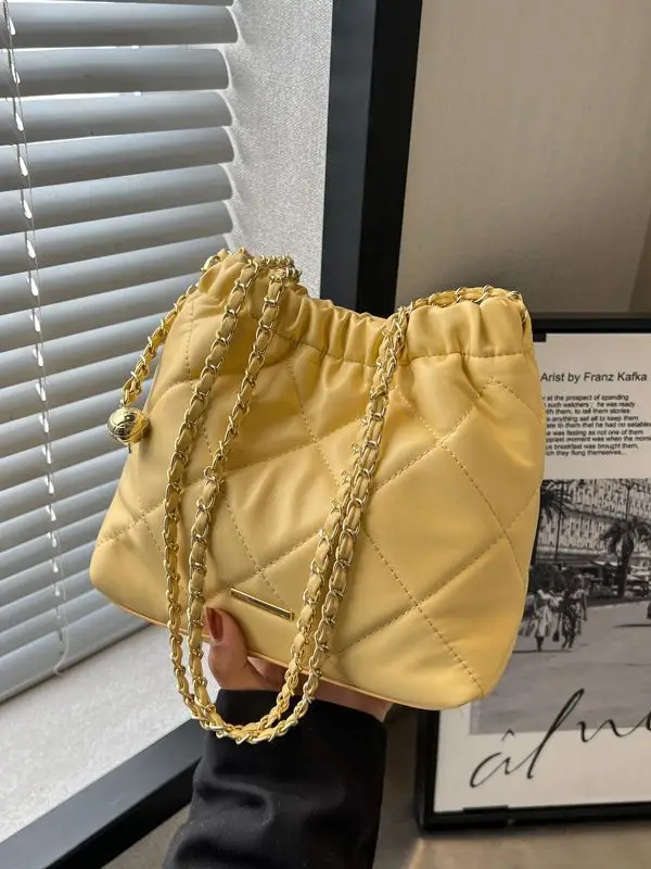Women Quilted Chain Satchel Bag Cream Gold - Image 8