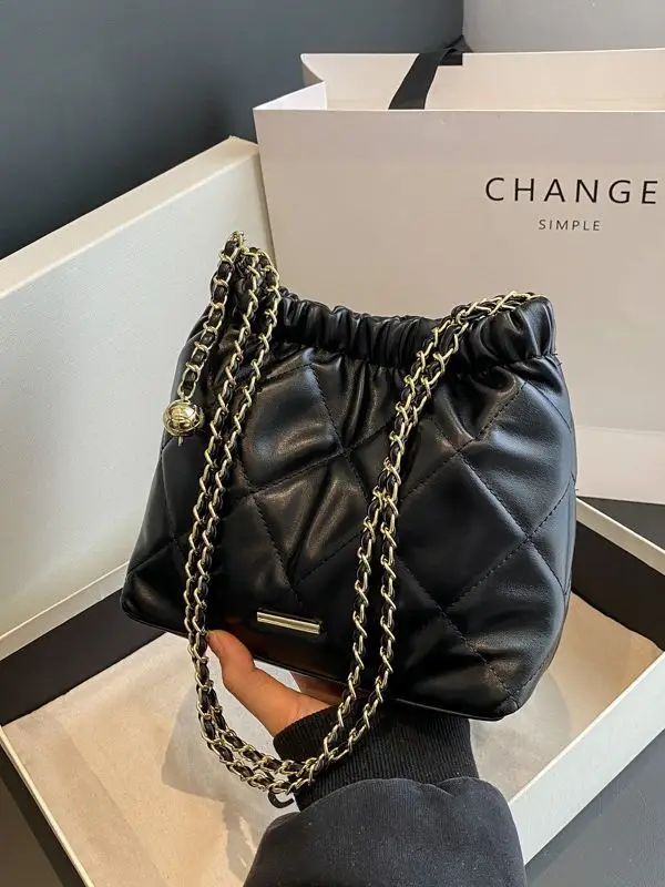 Women Quilted Chain Satchel Bag Cream Gold - Image 9