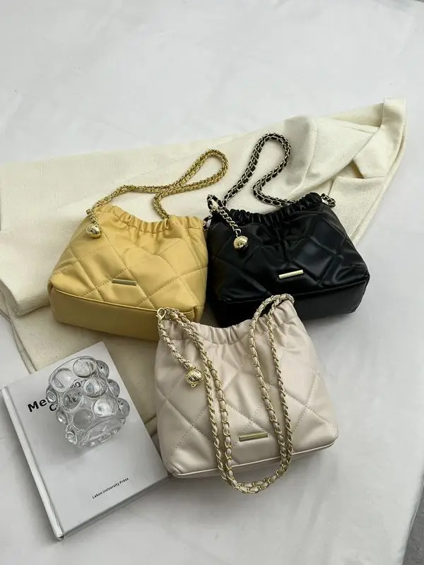 Women Quilted Chain Satchel Bag Cream Gold - Image 11