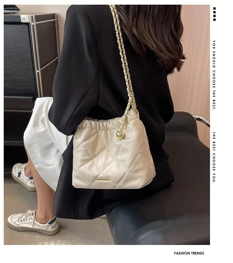 Women Quilted Chain Satchel Bag Cream Gold — feature 1