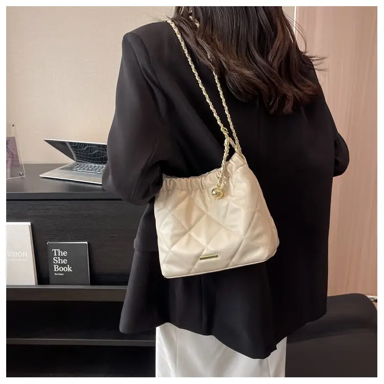 Women Quilted Chain Satchel Bag Cream Gold — feature 10