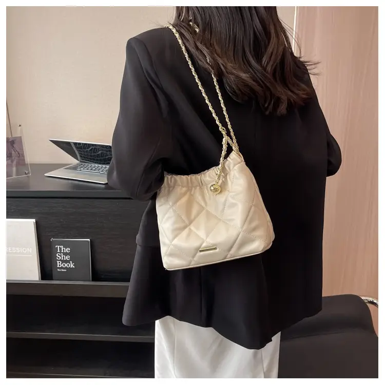 Women Quilted Chain Satchel Bag Cream Gold — feature 11