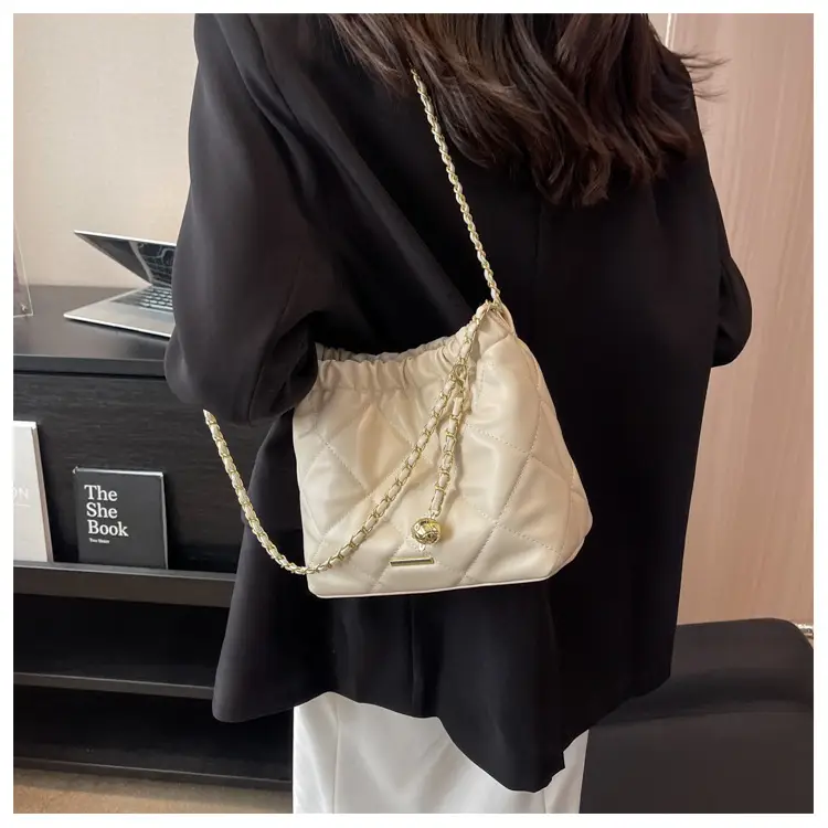 Women Quilted Chain Satchel Bag Cream Gold — feature 12