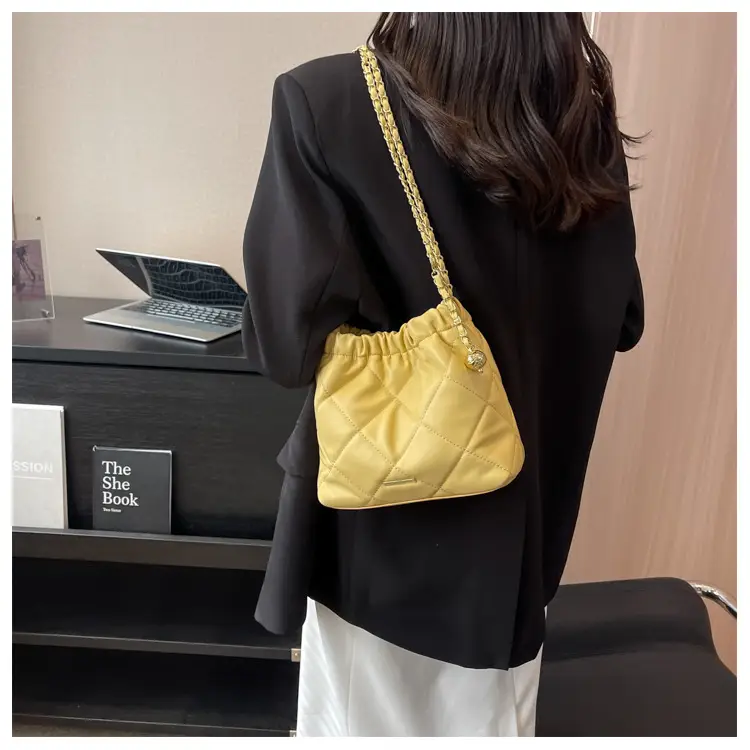 Women Quilted Chain Satchel Bag Cream Gold — feature 14