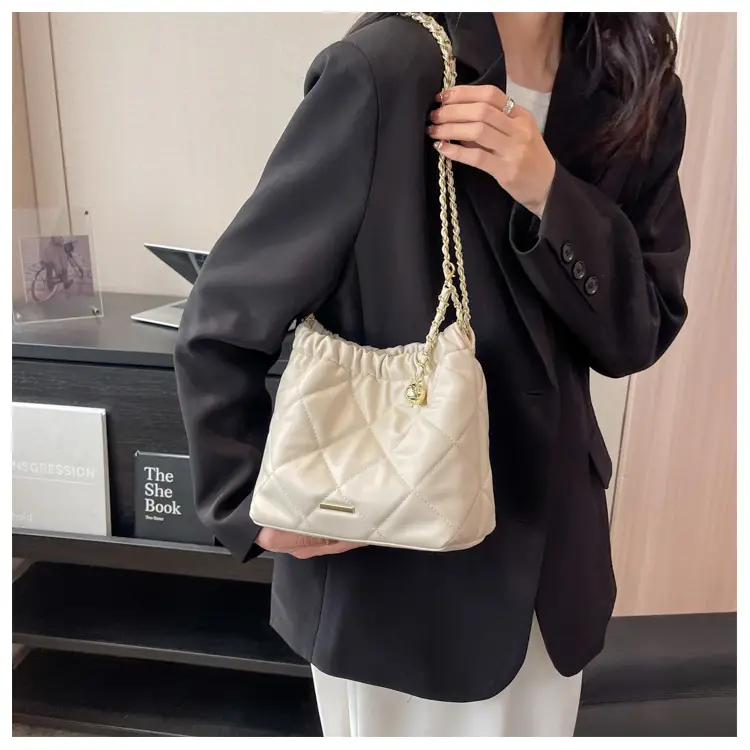 Women Quilted Chain Satchel Bag Cream Gold — feature 16