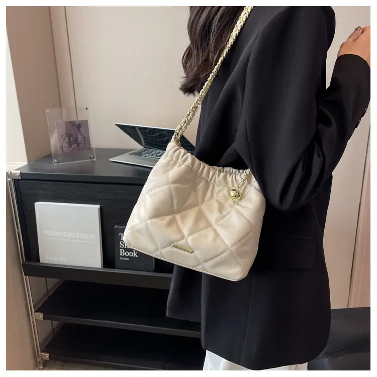 Women Quilted Chain Satchel Bag Cream Gold — feature 17